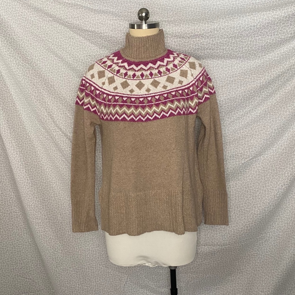 Tan Brown Purple Rhomb Norwegian Print Turtleneck Water Side Slits Long Sleeve